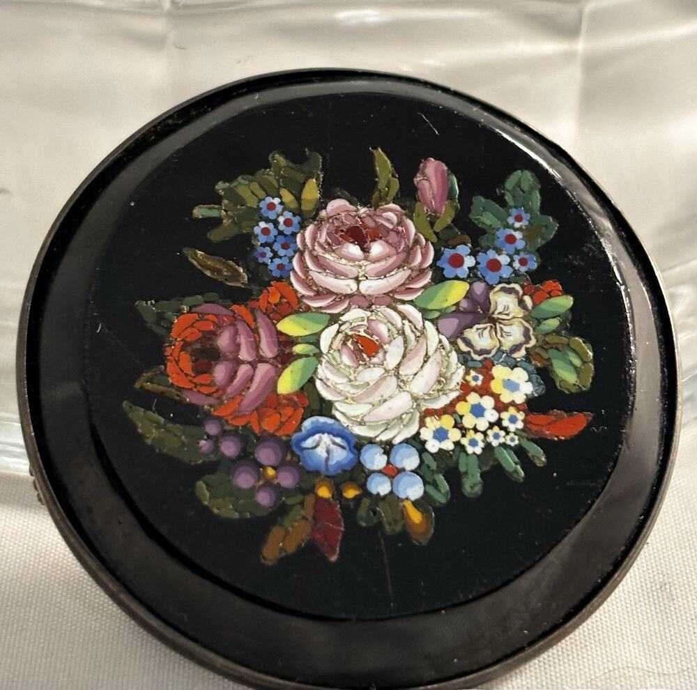 Antique 1890s French Sterling Micro Mosaic Floral Bouquet BROOCH Trombone Clasp